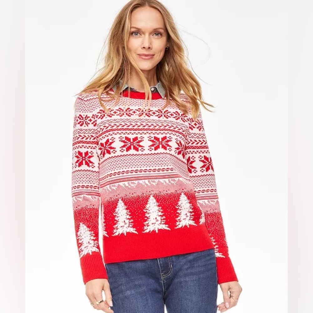 Holiday Lane Fair Isle Christmas Print Knit Sweater Womens M Snowflakes ❄️ Red